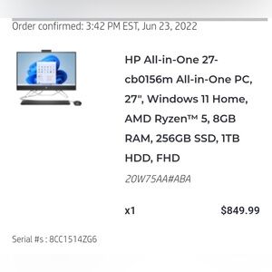 HP All in one Computer 27’’. Comes with mouse and keyboard and power cable.
